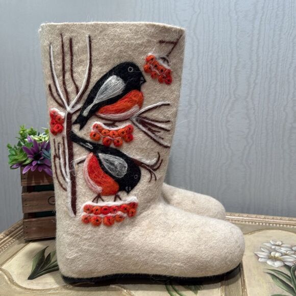 Vintage Russian Valenki Traditional Wool Felt Boots Beautiful Embroidered Birds - Picture 7 of 16